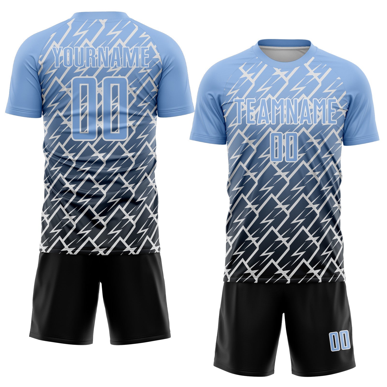 Custom Light Blue Black-White Lightning Sports Sublimation Soccer Uniform Jersey view 2