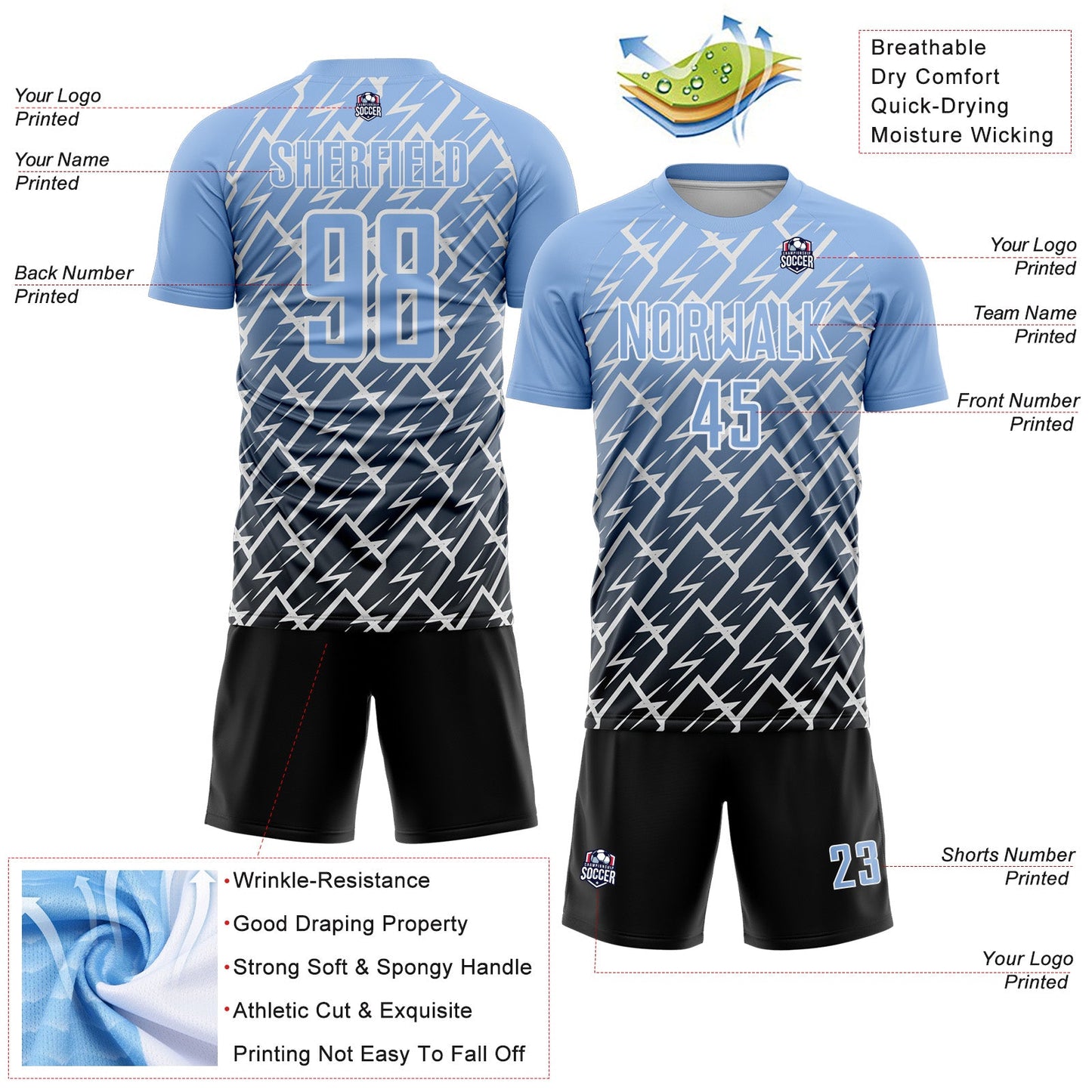 Custom Light Blue Black-White Lightning Sports Sublimation Soccer Uniform Jersey view 4