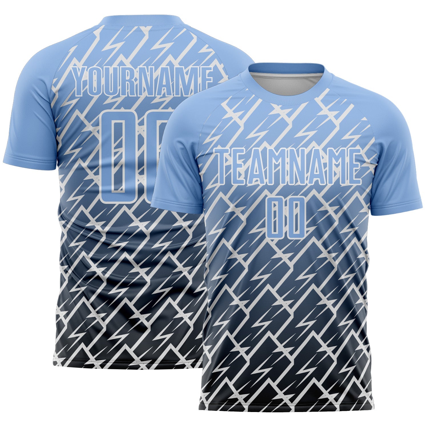 Custom Light Blue Black-White Lightning Sports Sublimation Soccer Uniform Jersey - Main View