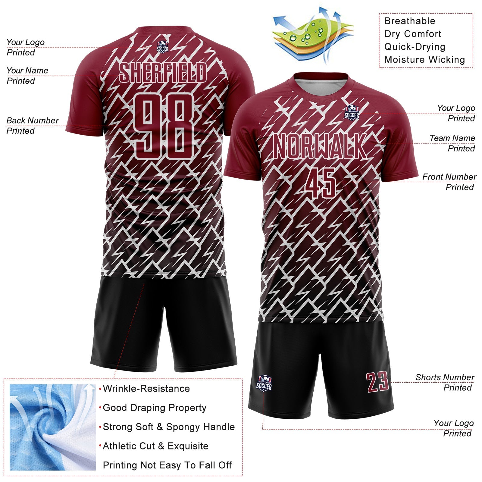 Custom Crimson Black-White Lightning Sports Sublimation Soccer Uniform Jersey view 4