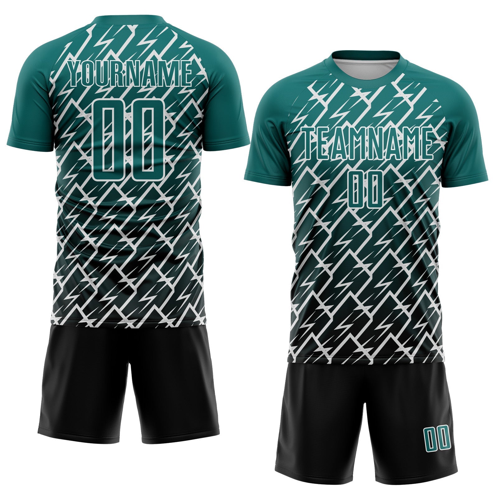 Custom Teal Black-White Lightning Sports Sublimation Soccer Uniform Jersey view 2