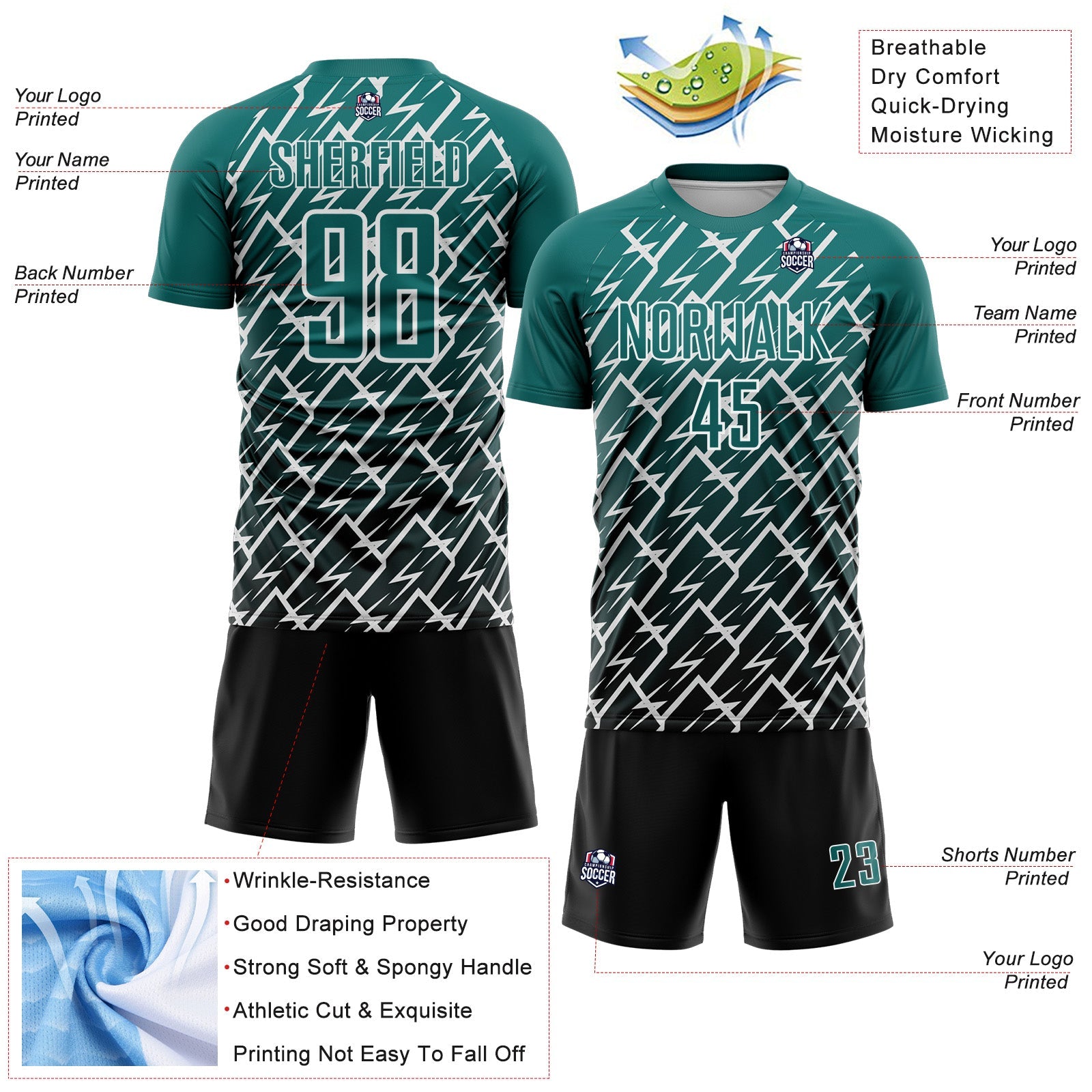 Custom Teal Black-White Lightning Sports Sublimation Soccer Uniform Jersey view 4
