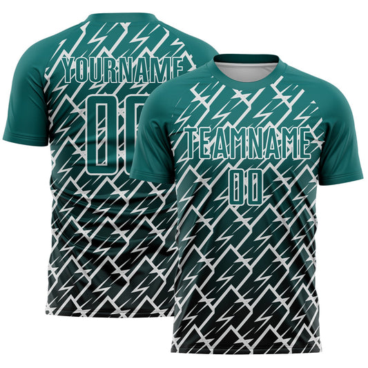 Custom Teal Black-White Lightning Sports Sublimation Soccer Uniform Jersey - Main View