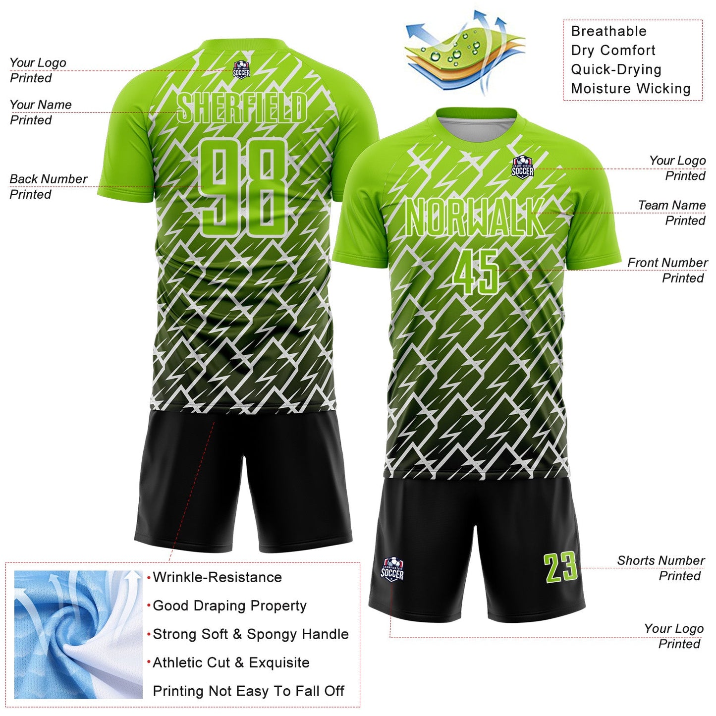 Custom Neon Green Black-White Lightning Sports Sublimation Soccer Uniform Jersey view 4