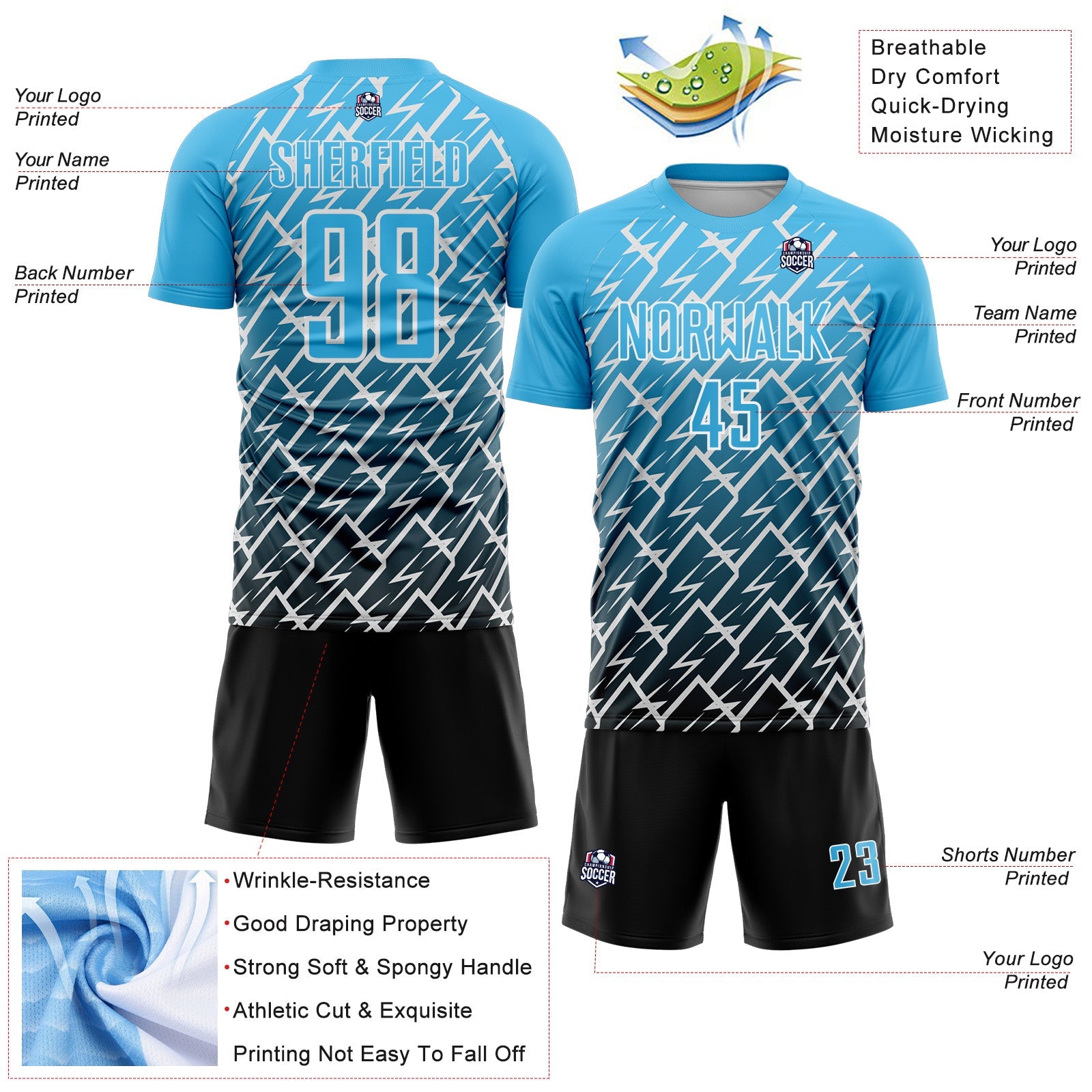 Custom Sky Blue Black-White Lightning Sports Sublimation Soccer Uniform Jersey view 4