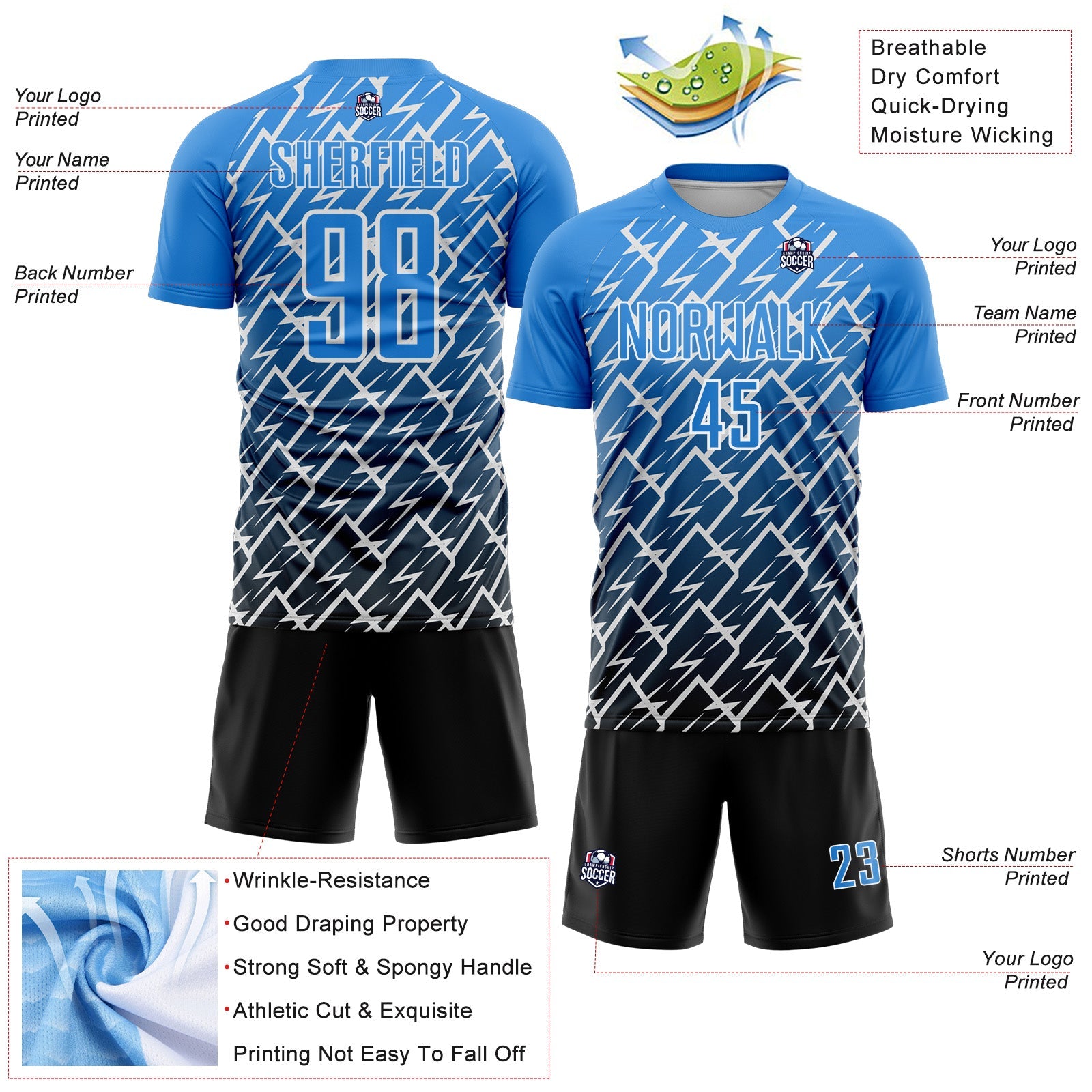 Custom Powder Blue Black-White Lightning Sports Sublimation Soccer Uniform Jersey view 4