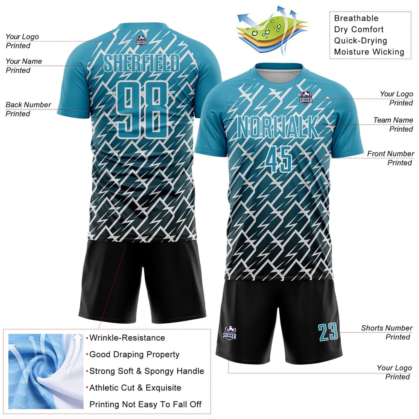Custom Panther Blue Black-White Lightning Sports Sublimation Soccer Uniform Jersey view 4