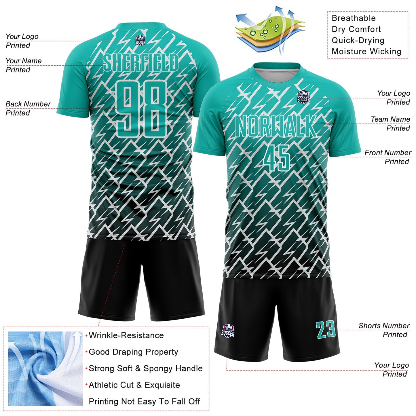 Custom Aqua Black-White Lightning Sports Sublimation Soccer Uniform Jersey view 4