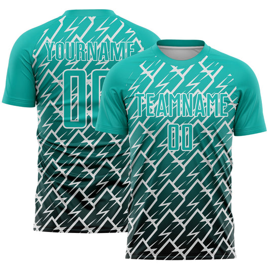 Custom Aqua Black-White Lightning Sports Sublimation Soccer Uniform Jersey - Main View