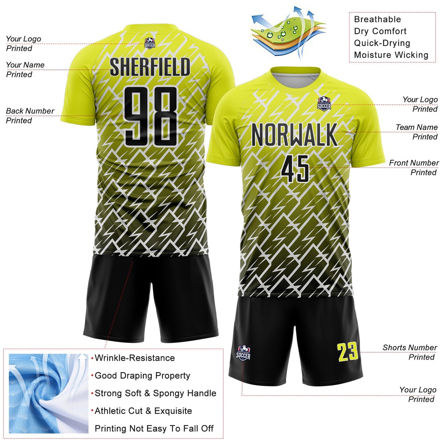 Custom Neon Yellow Black-White Lightning Sports Sublimation Soccer Uniform Jersey view 4