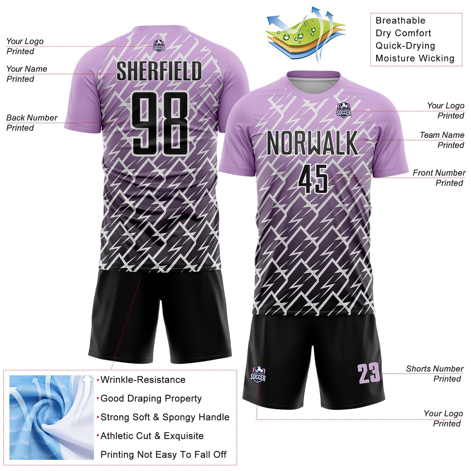 Custom Light Purple Black-White Lightning Sports Sublimation Soccer Uniform Jersey view 4