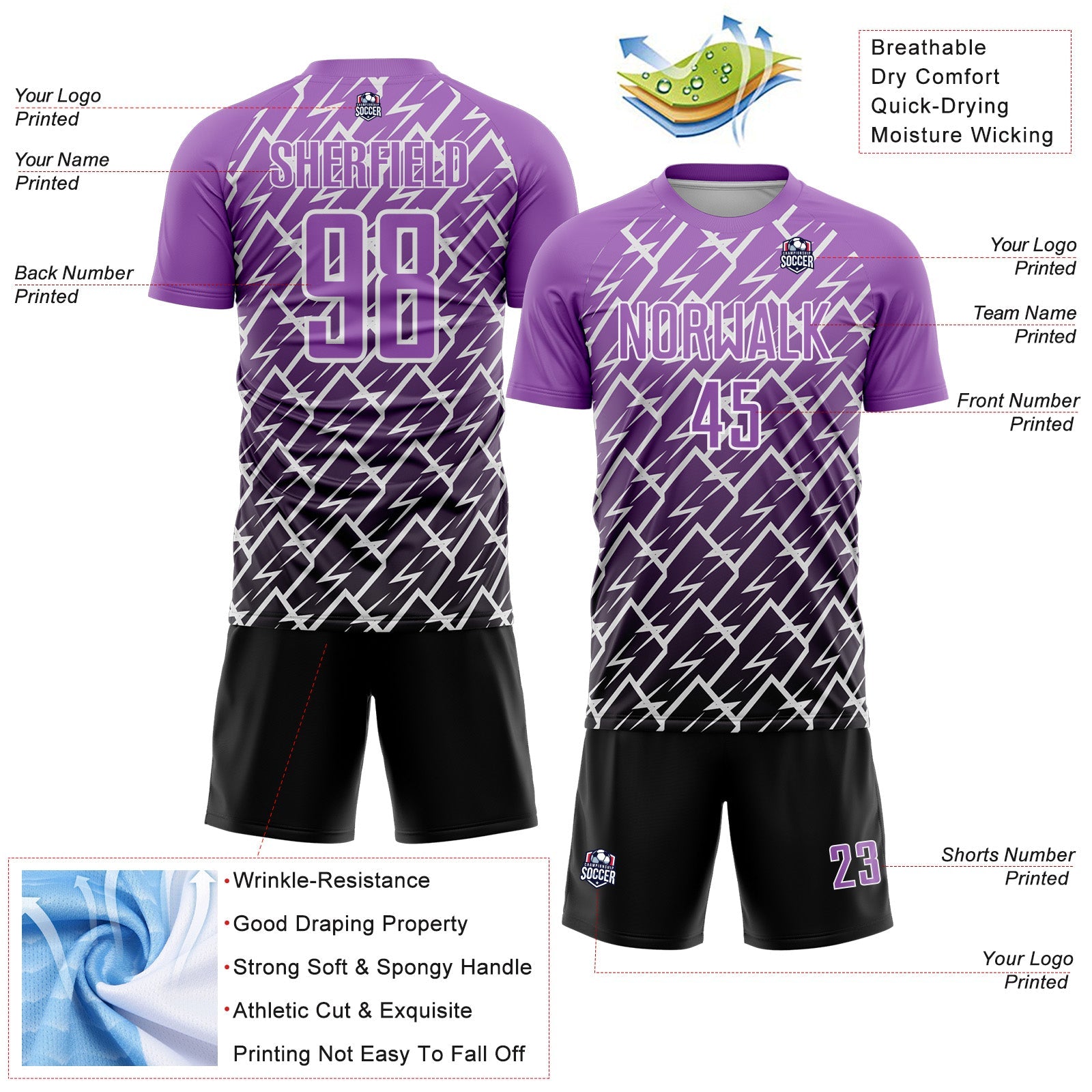 Custom Medium Purple Black-White Lightning Sports Sublimation Soccer Uniform Jersey view 4