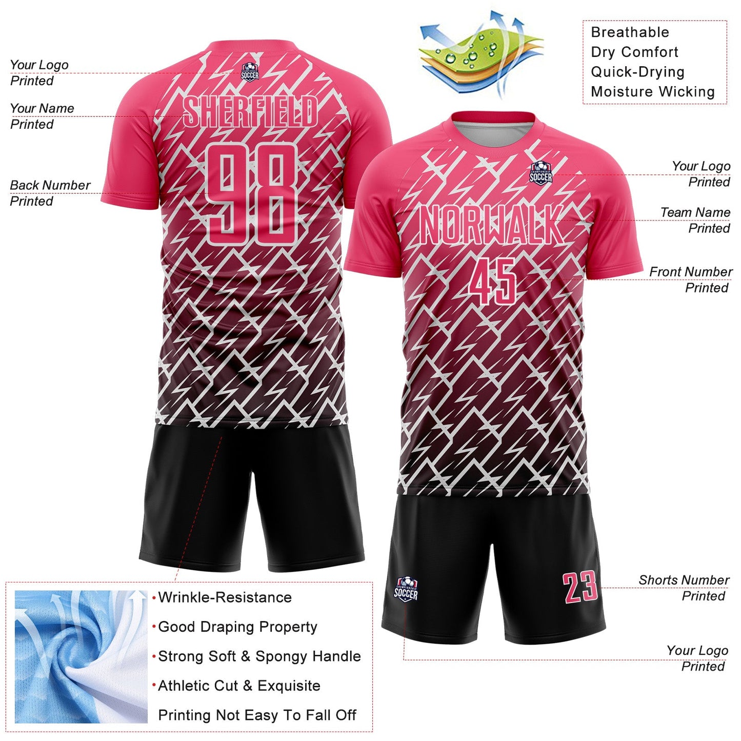 Custom Neon Pink Black-White Lightning Sports Sublimation Soccer Uniform Jersey view 4