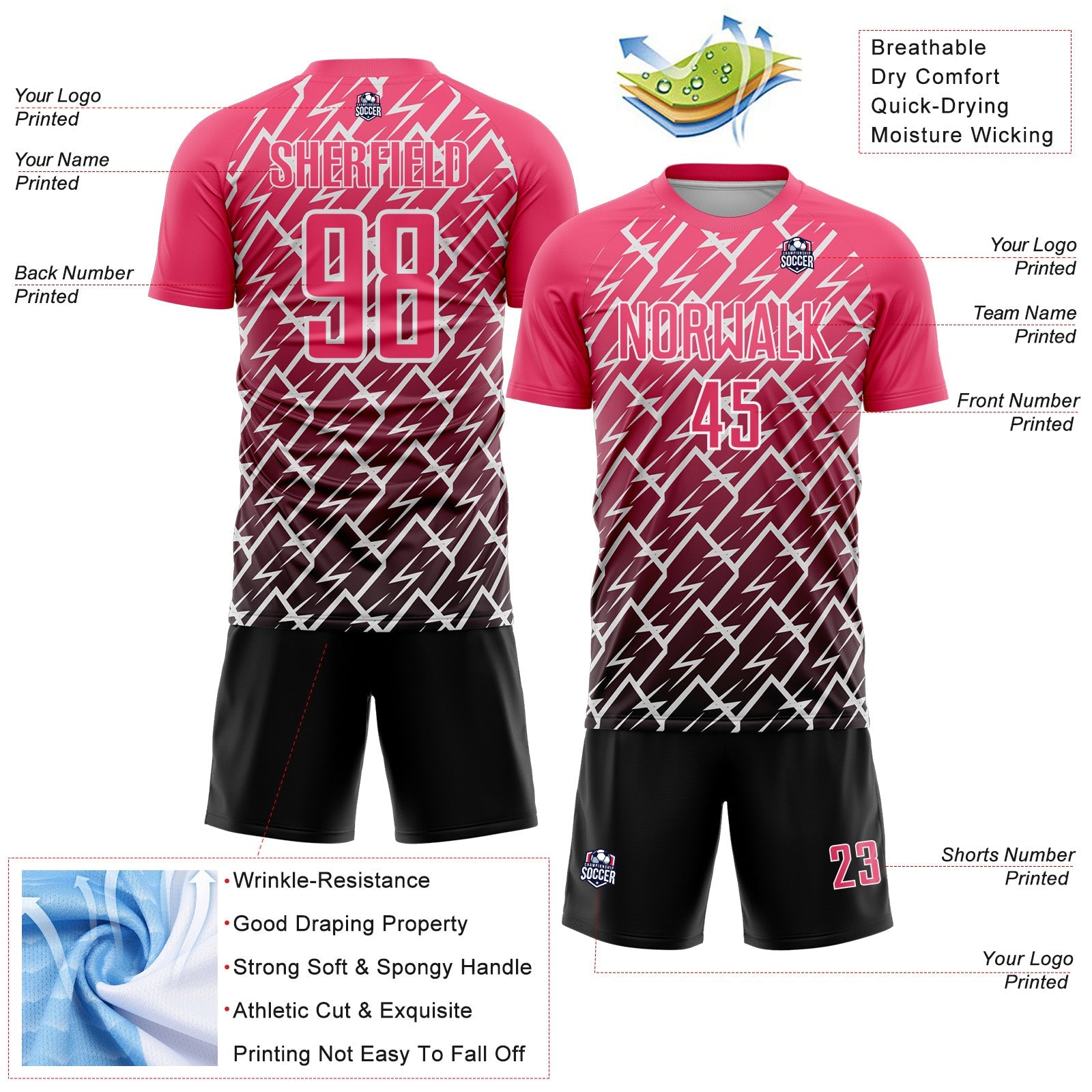 Custom Neon Pink Black-White Lightning Sports Sublimation Soccer Uniform Jersey view 4