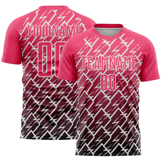 Custom Neon Pink Black-White Lightning Sports Sublimation Soccer Uniform Jersey - Main View