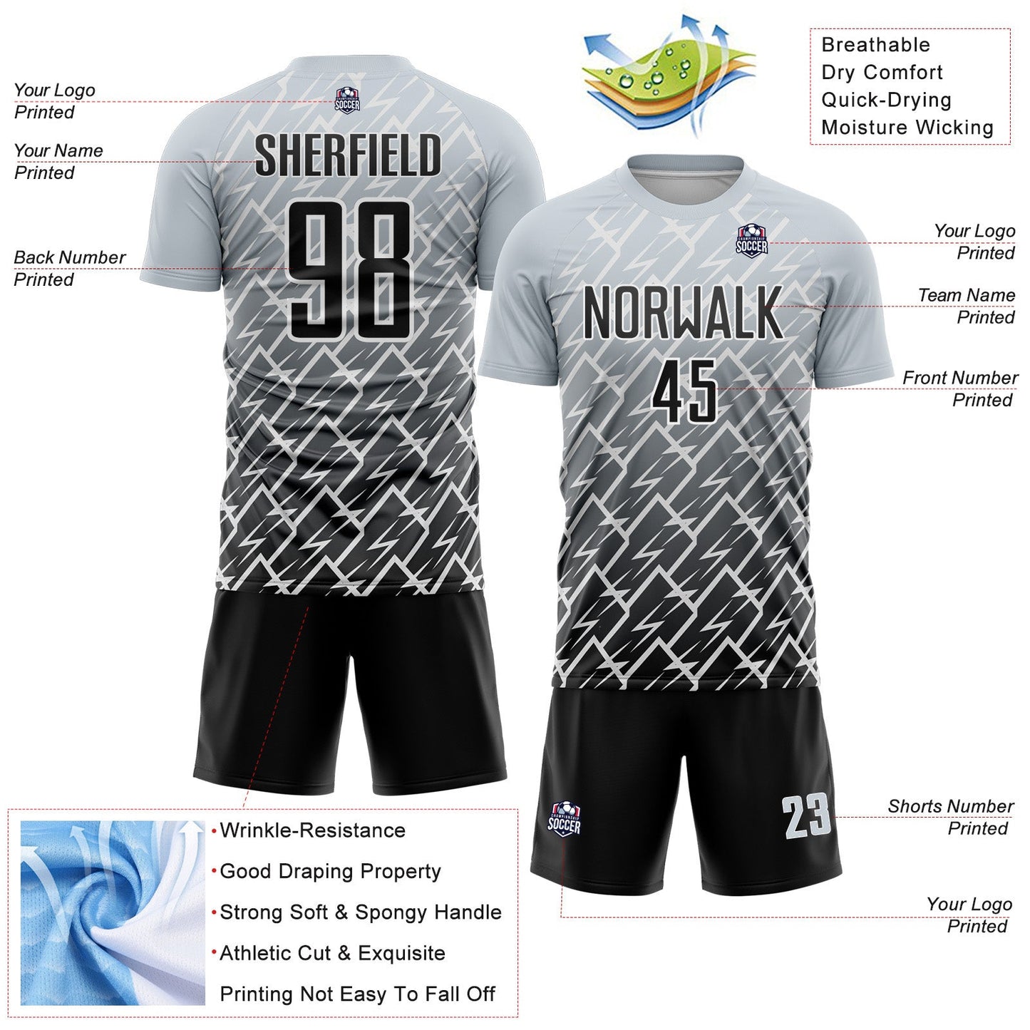 Custom Silver Black-White Lightning Sports Sublimation Soccer Uniform Jersey view 4