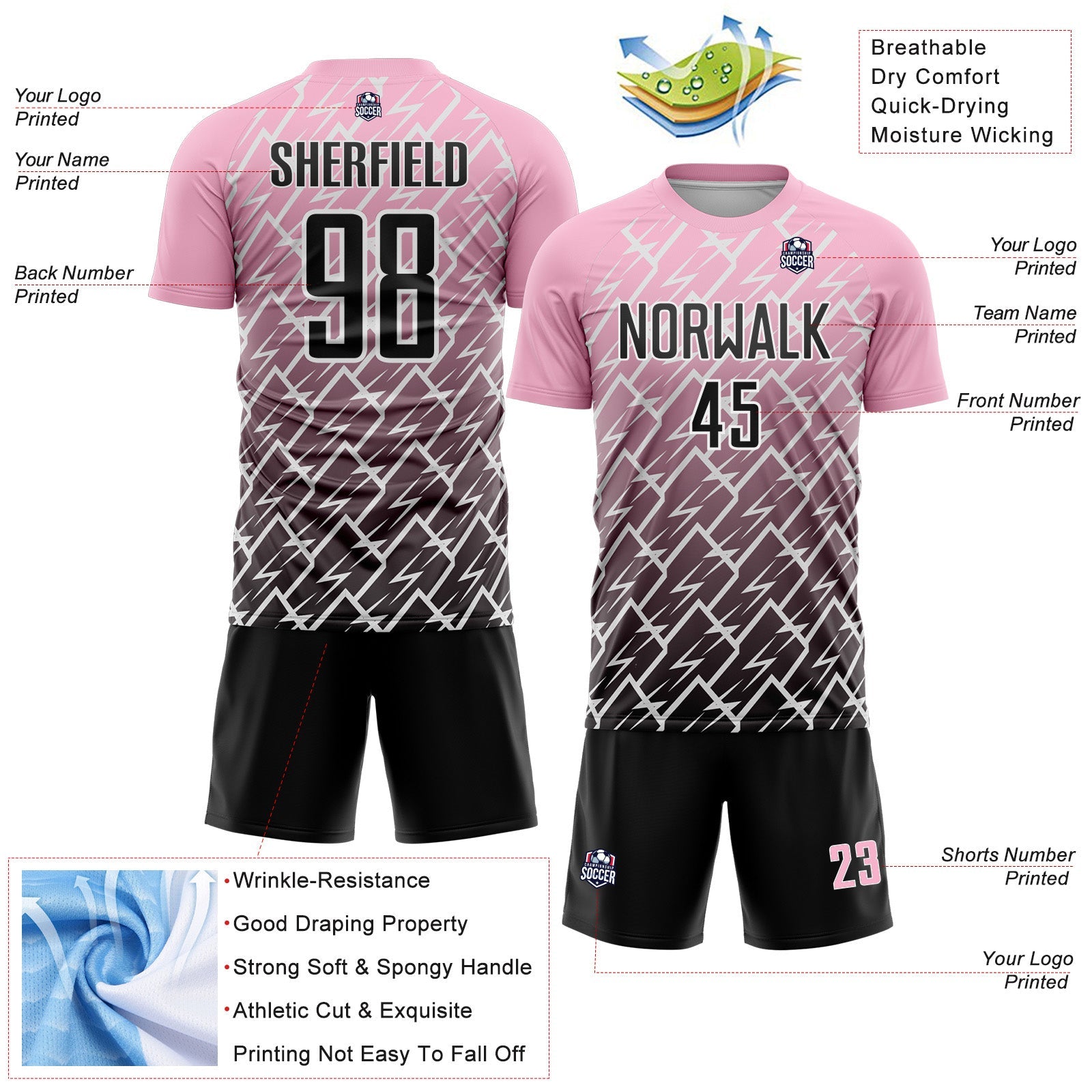 Custom Light Pink Black-White Lightning Sports Sublimation Soccer Uniform Jersey view 4