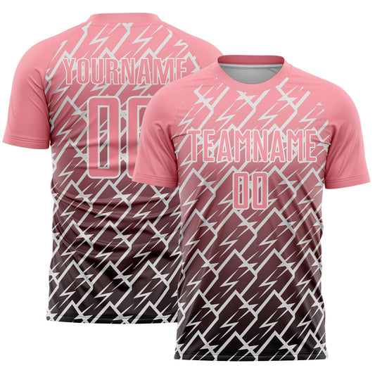 Custom Medium Pink Black-White Lightning Sports Sublimation Soccer Uniform Jersey - Main View