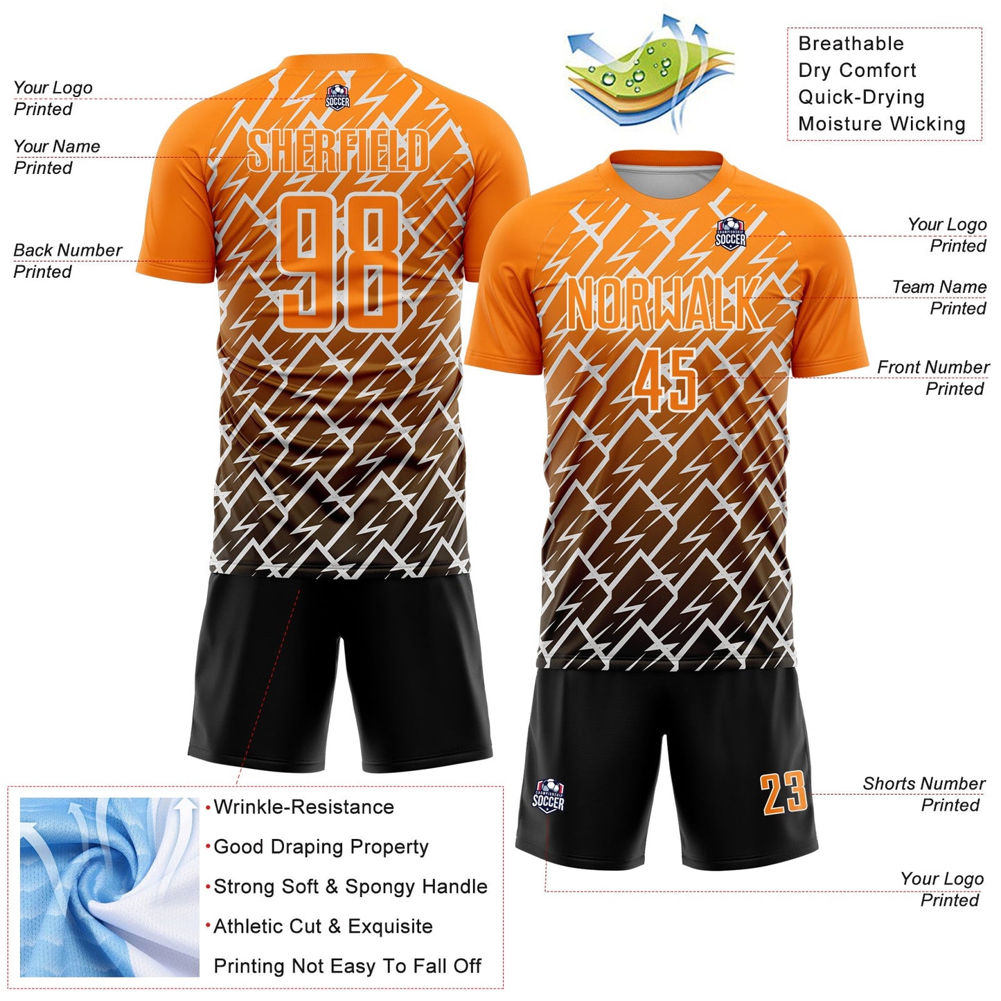 Custom Bay Orange Black-White Lightning Sports Sublimation Soccer Uniform Jersey view 4