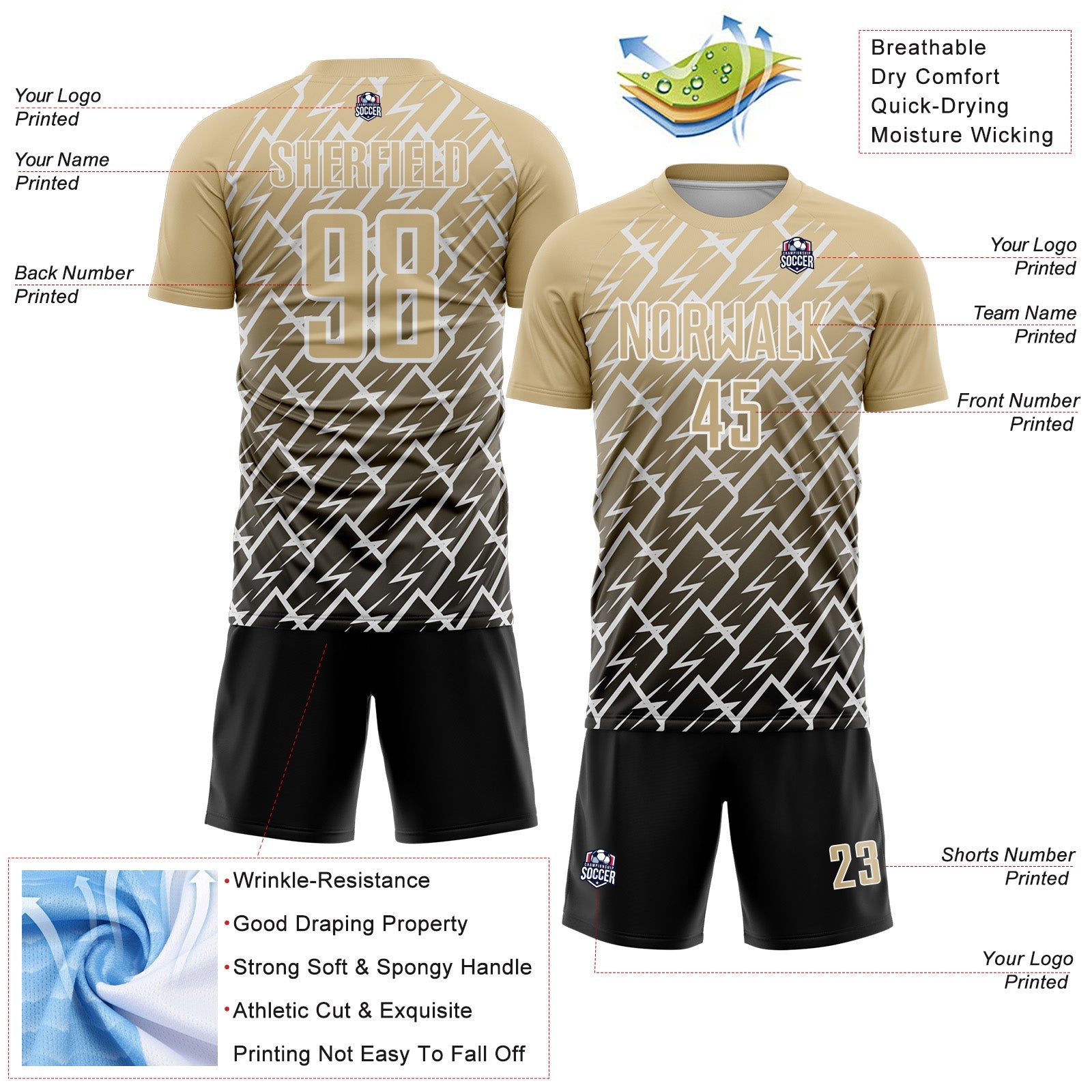 Custom Vegas Gold Black-White Lightning Sports Sublimation Soccer Uniform Jersey view 4