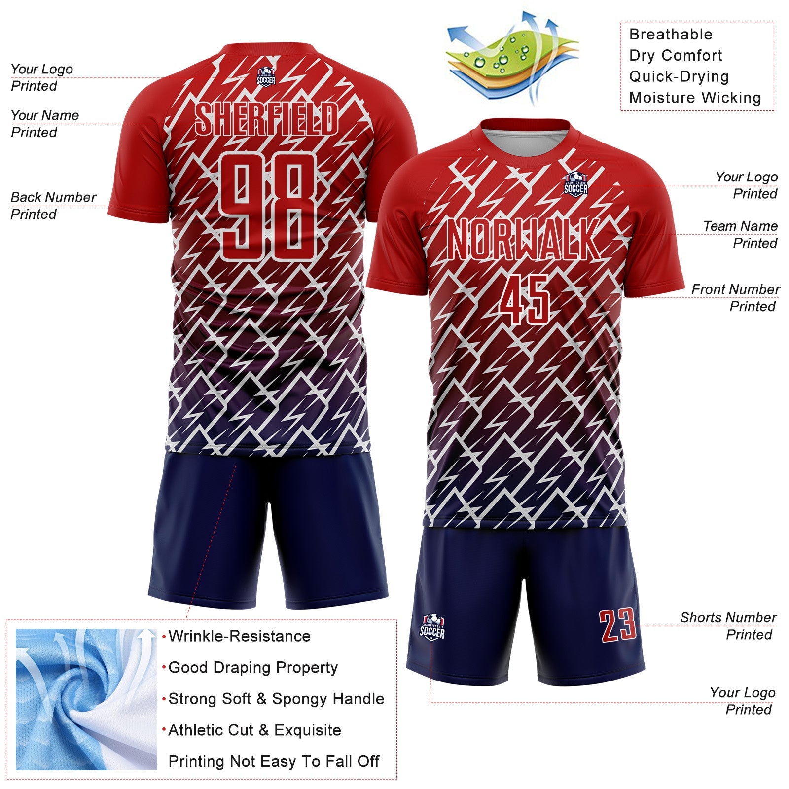 Custom Red Navy-White Lightning Sports Sublimation Soccer Uniform Jersey view 4