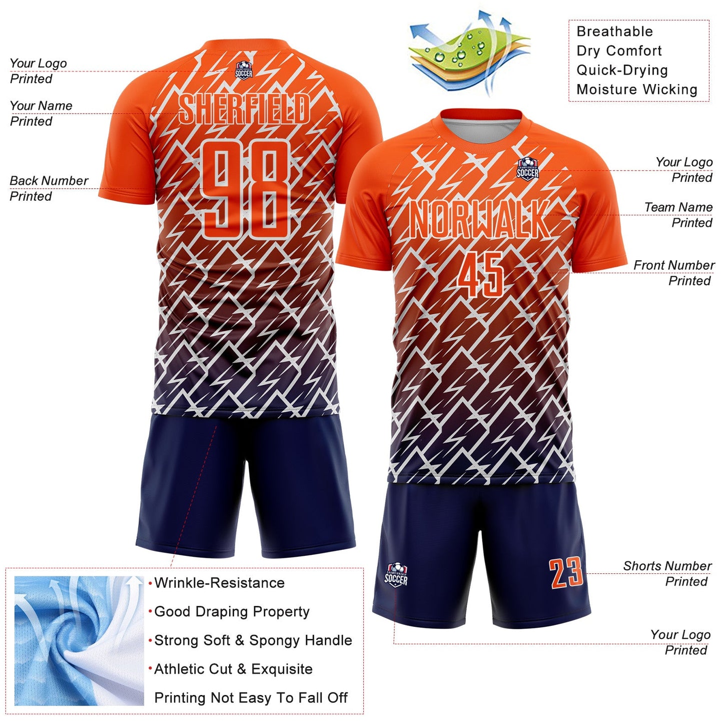 Custom Orange Navy-White Lightning Sports Sublimation Soccer Uniform Jersey view 4
