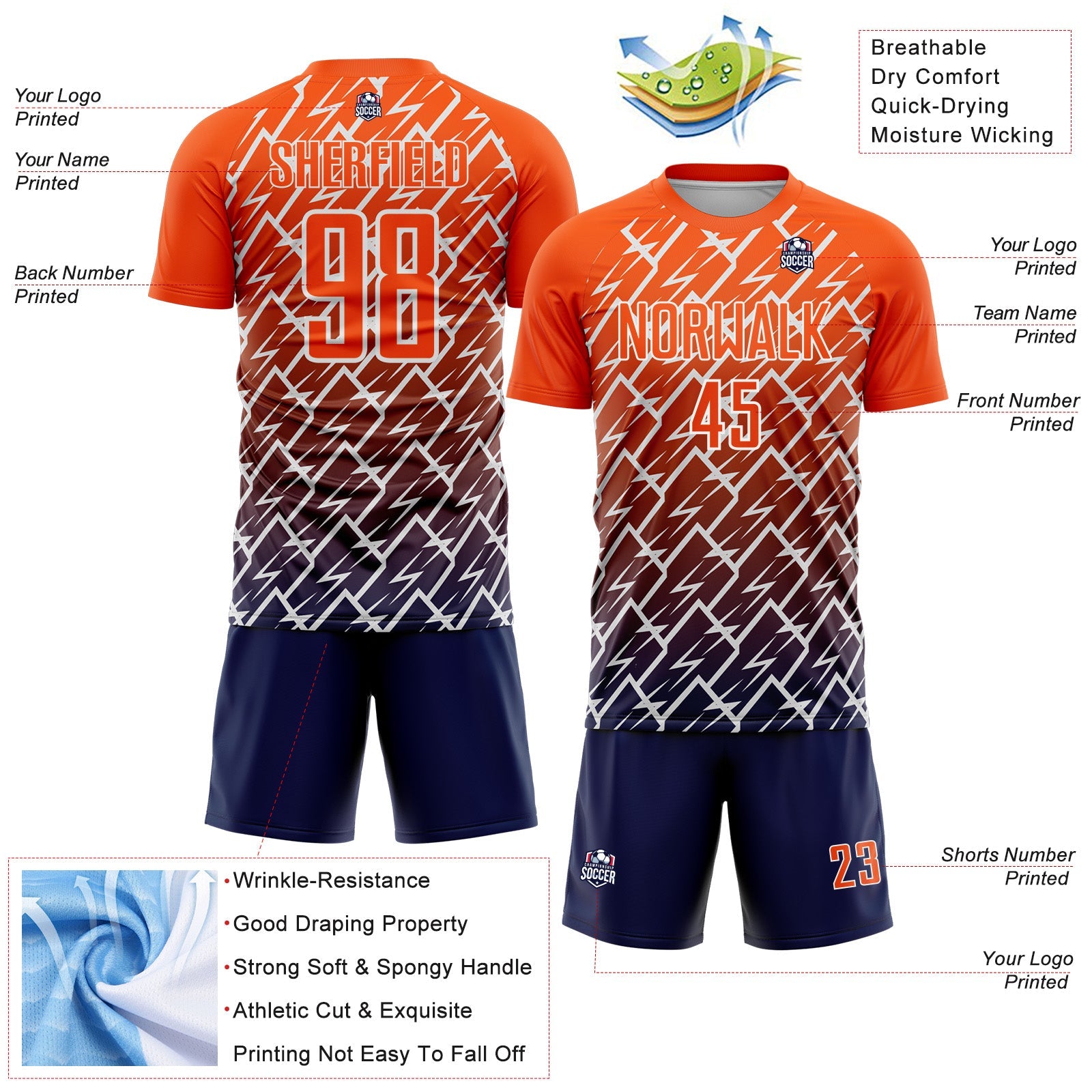 Custom Orange Navy-White Lightning Sports Sublimation Soccer Uniform Jersey view 4