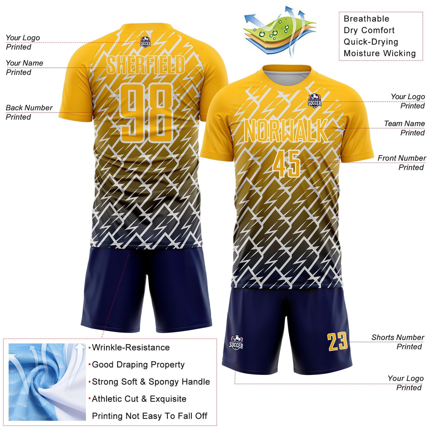 Custom Gold Navy-White Lightning Sports Sublimation Soccer Uniform Jersey view 4