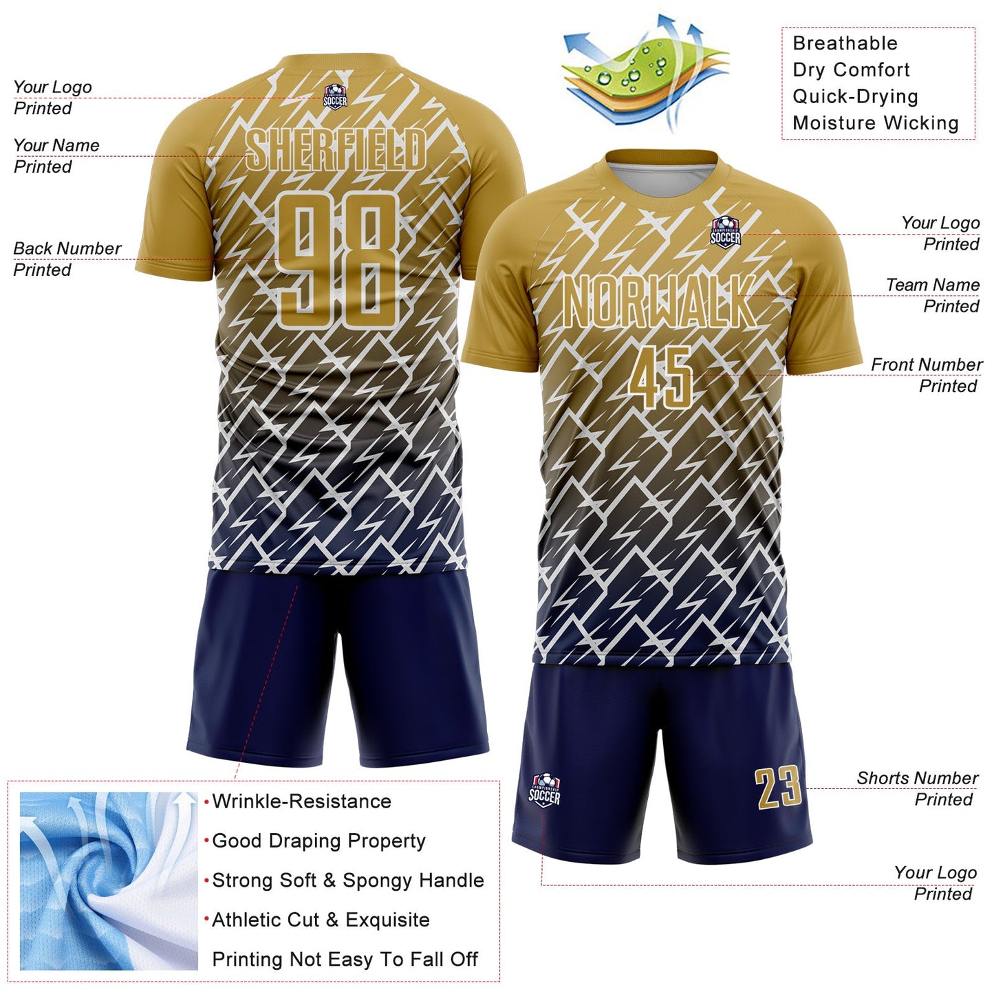 Custom Old Gold Navy-White Lightning Sports Sublimation Soccer Uniform Jersey view 4