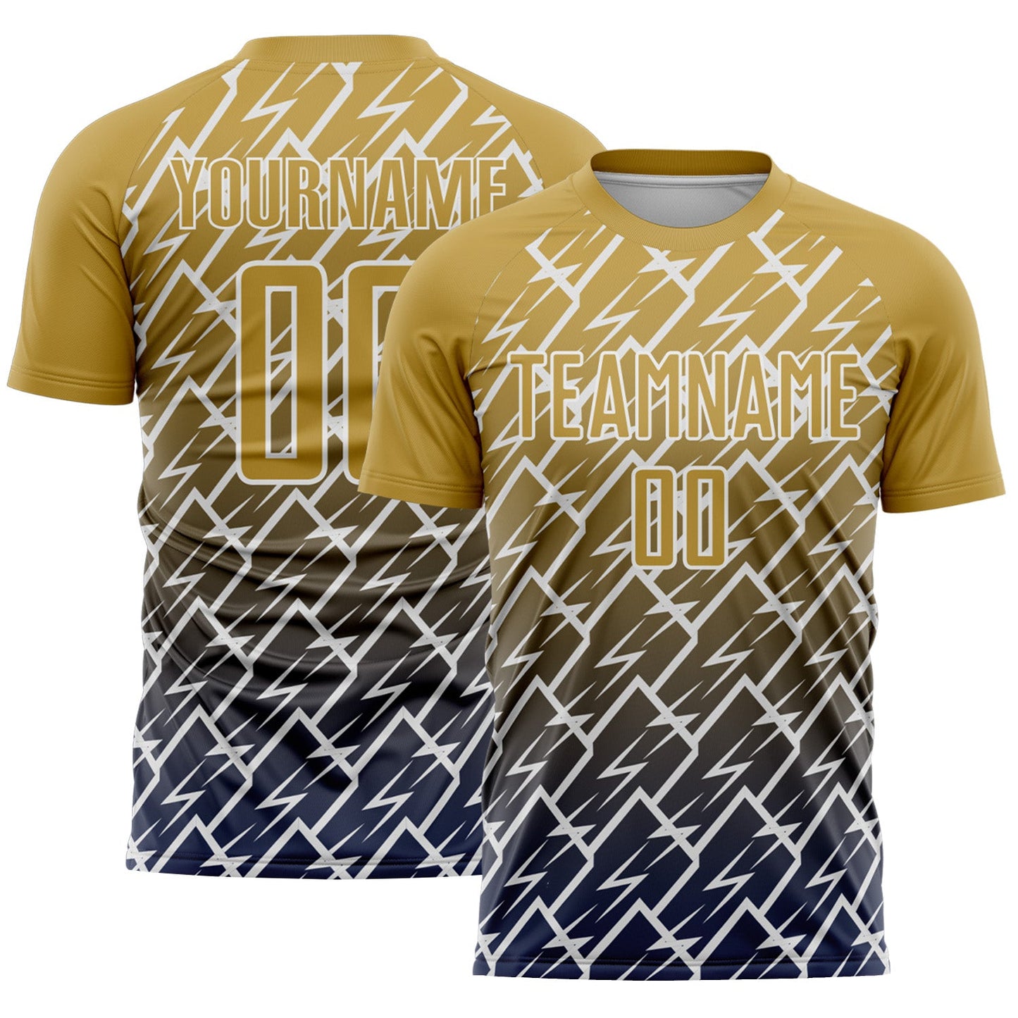 Custom Old Gold Navy-White Lightning Sports Sublimation Soccer Uniform Jersey - Main View