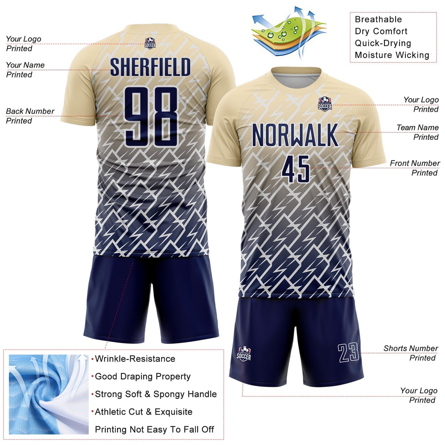 Custom Cream Navy-White Lightning Sports Sublimation Soccer Uniform Jersey view 4