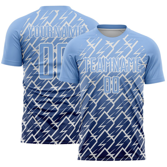 Custom Light Blue Navy-White Lightning Sports Sublimation Soccer Uniform Jersey - Main View