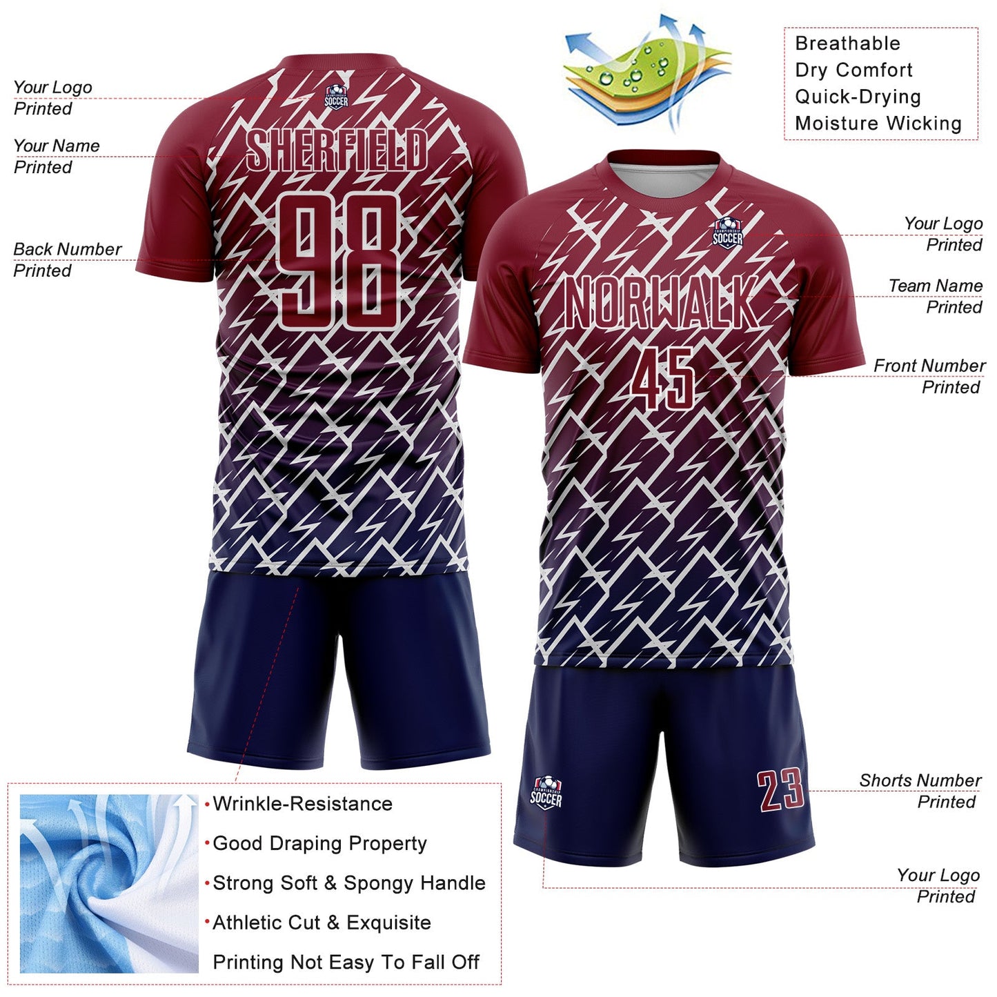 Custom Crimson Navy-White Lightning Sports Sublimation Soccer Uniform Jersey view 4