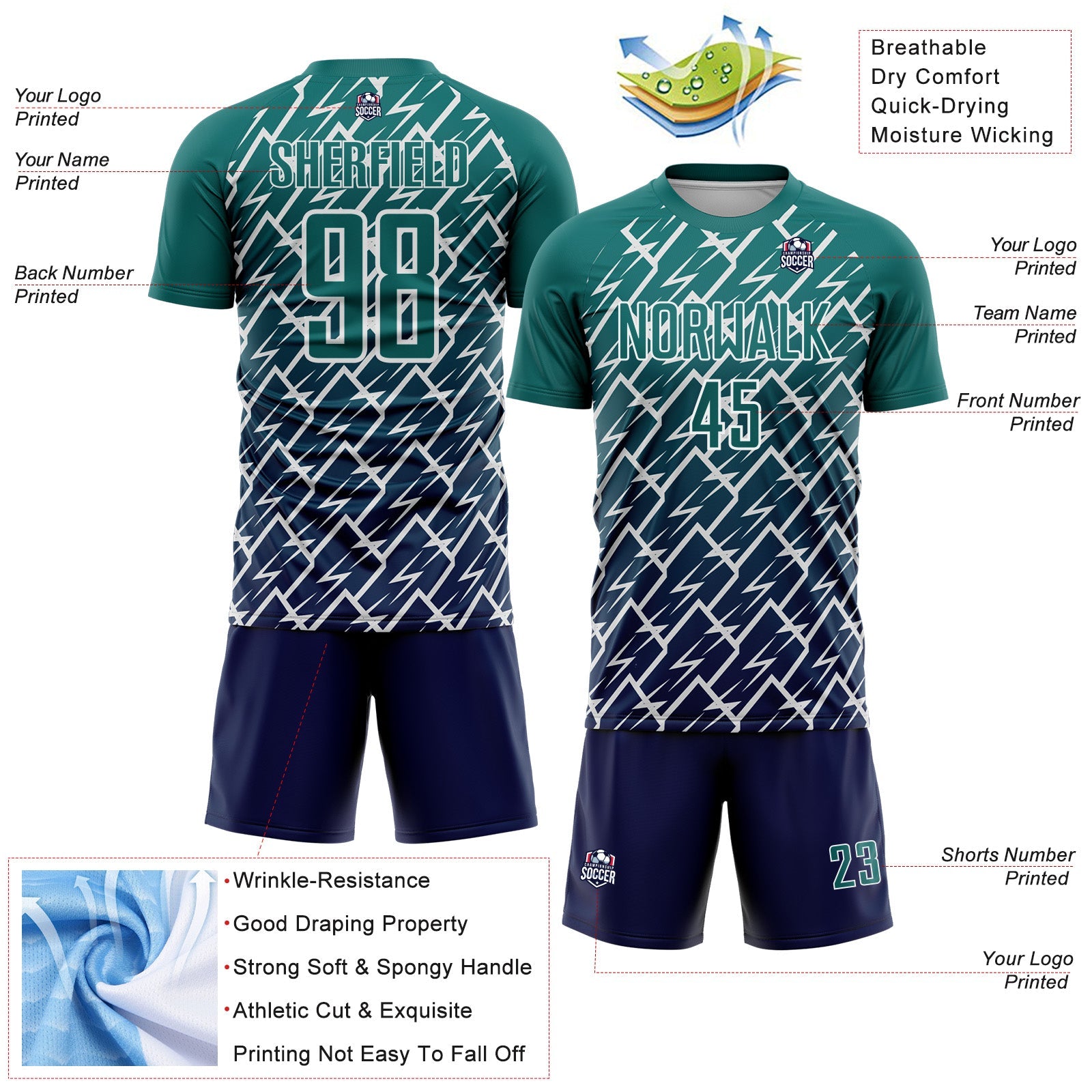 Custom Teal Navy-White Lightning Sports Sublimation Soccer Uniform Jersey view 4