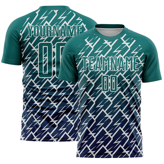 Custom Teal Navy-White Lightning Sports Sublimation Soccer Uniform Jersey - Main View