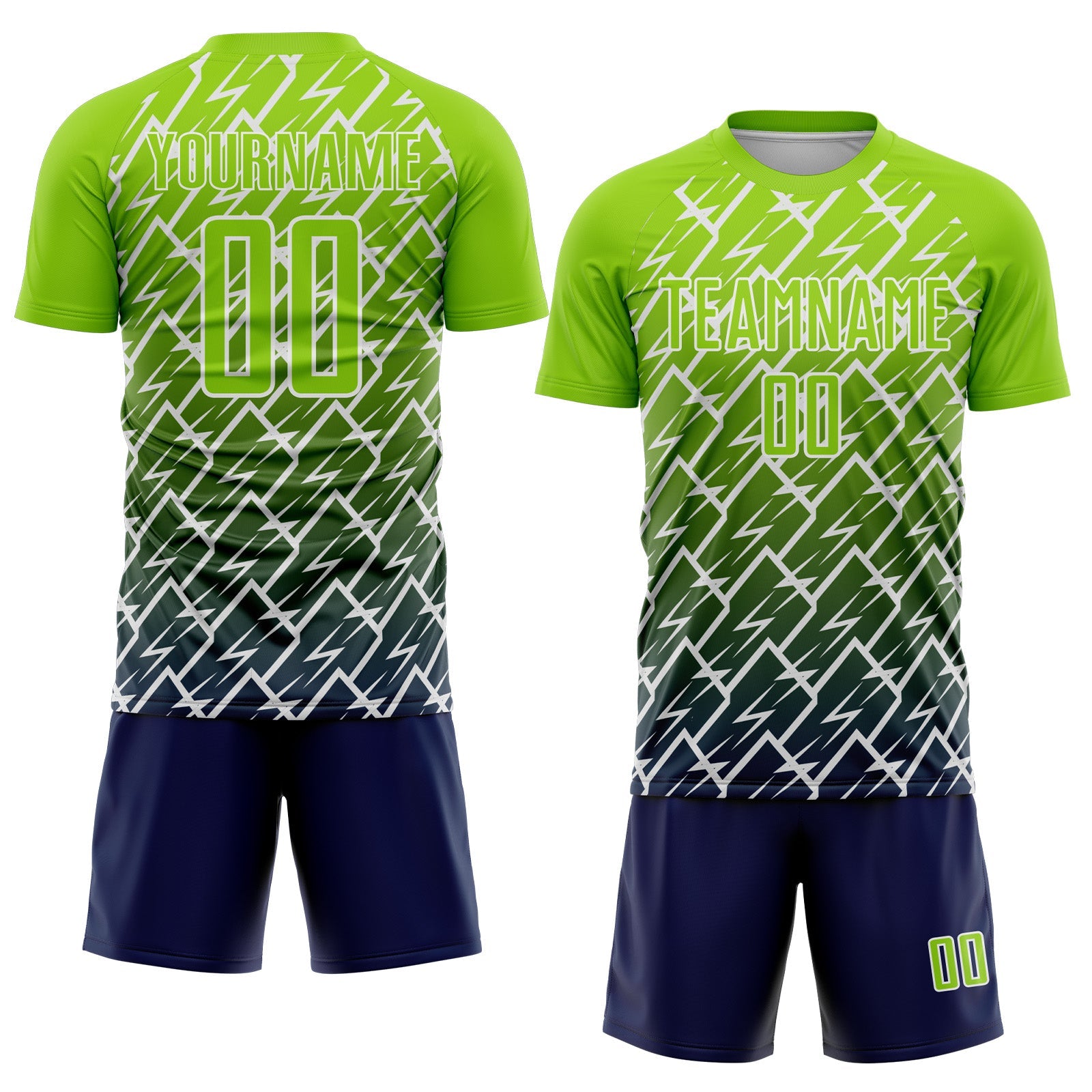 Custom Neon Green Navy-White Lightning Sports Sublimation Soccer Uniform Jersey view 2