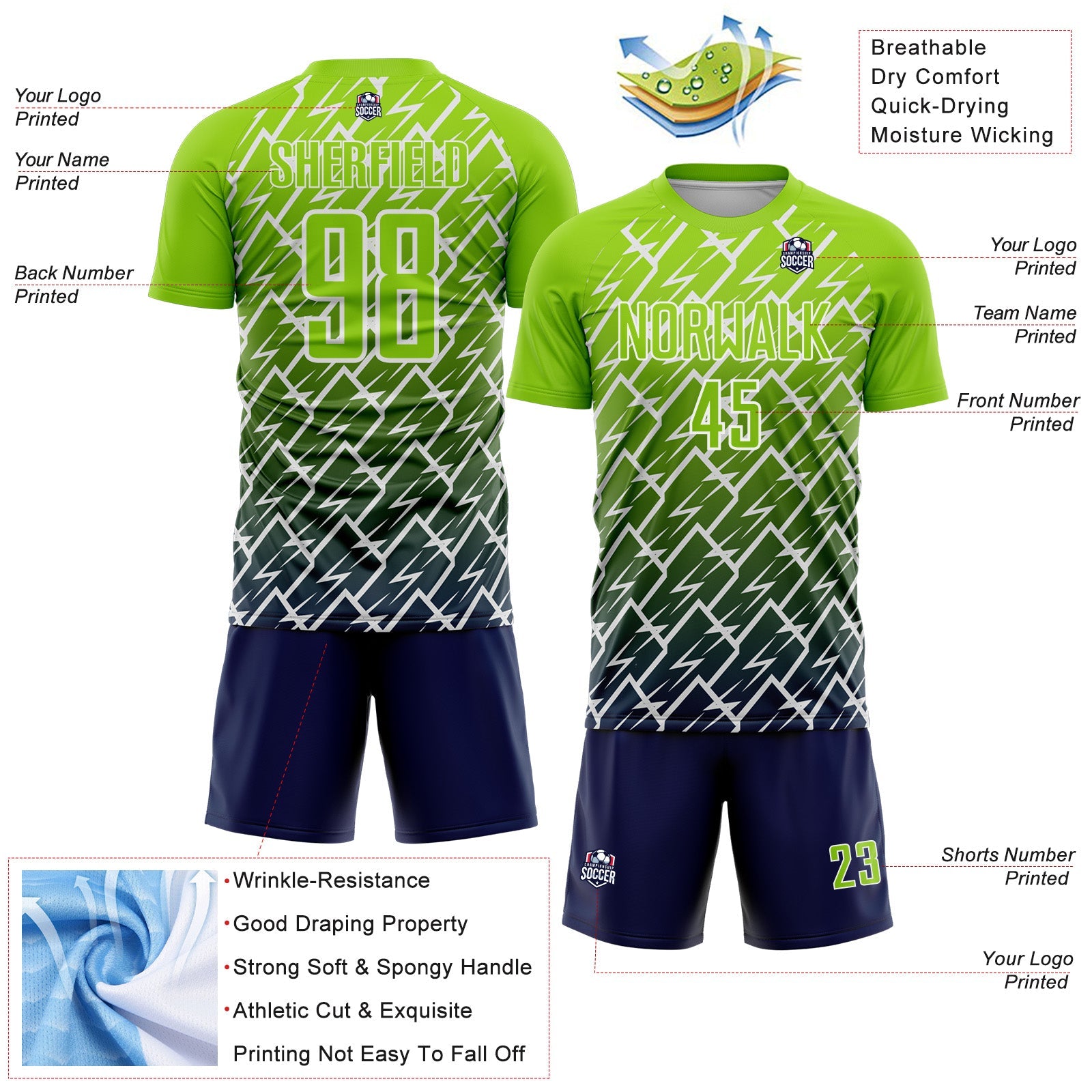 Custom Neon Green Navy-White Lightning Sports Sublimation Soccer Uniform Jersey view 4