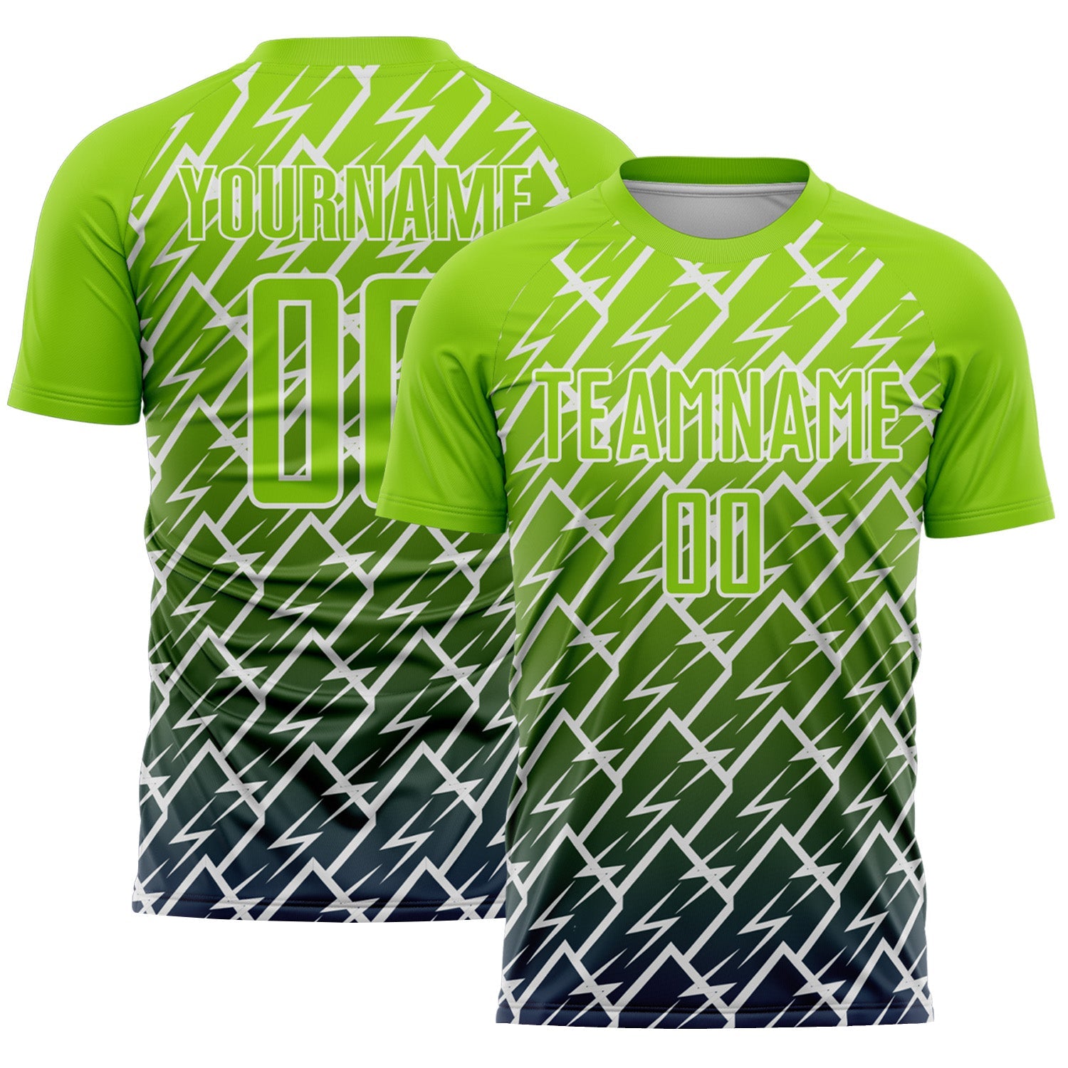 Custom Neon Green Navy-White Lightning Sports Sublimation Soccer Uniform Jersey - Main View