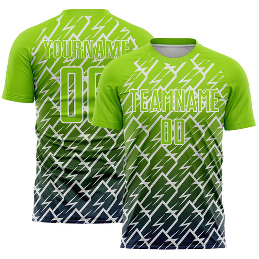 Custom Neon Green Navy-White Lightning Sports Sublimation Soccer Uniform Jersey - Main View