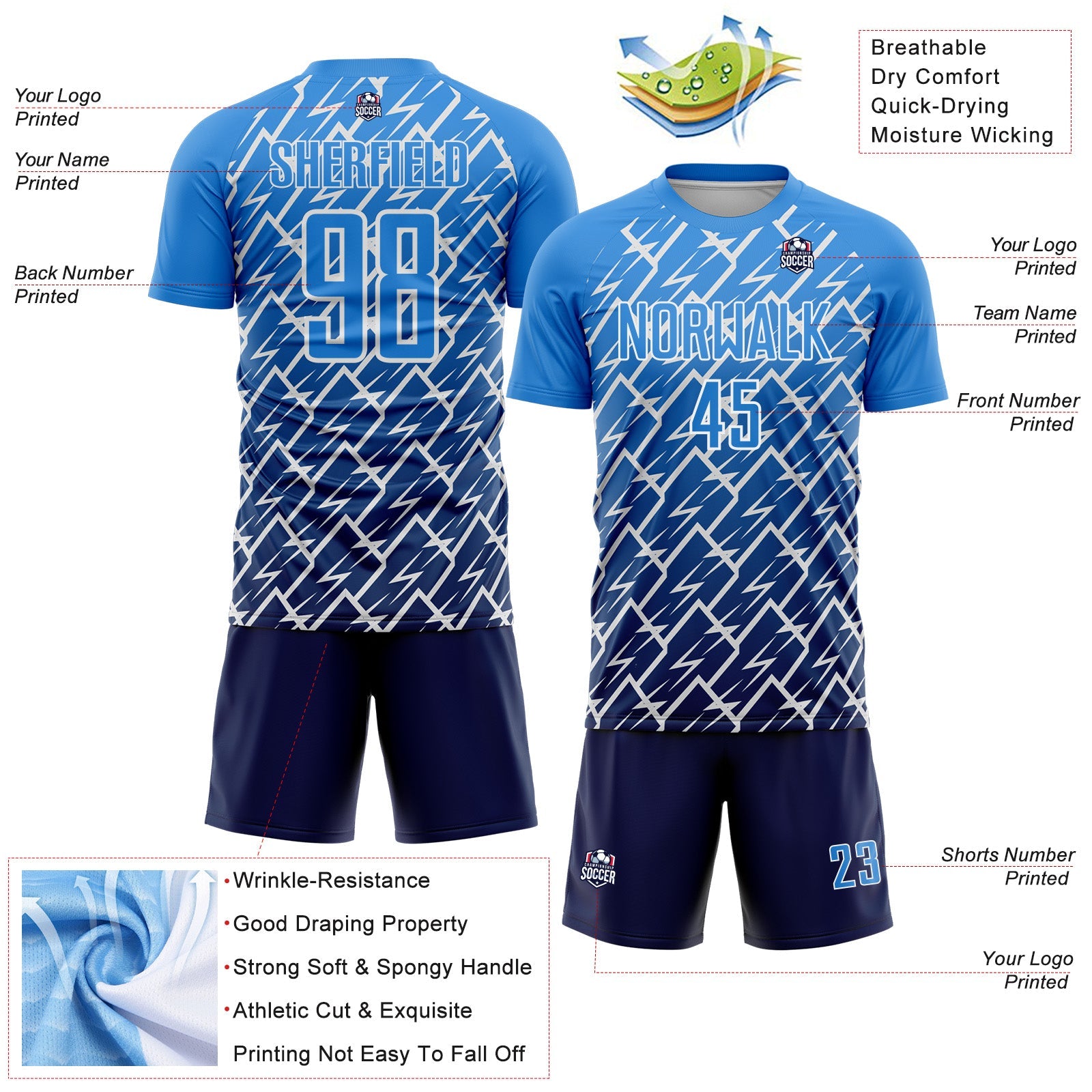 Custom Powder Blue Navy-White Lightning Sports Sublimation Soccer Uniform Jersey view 4