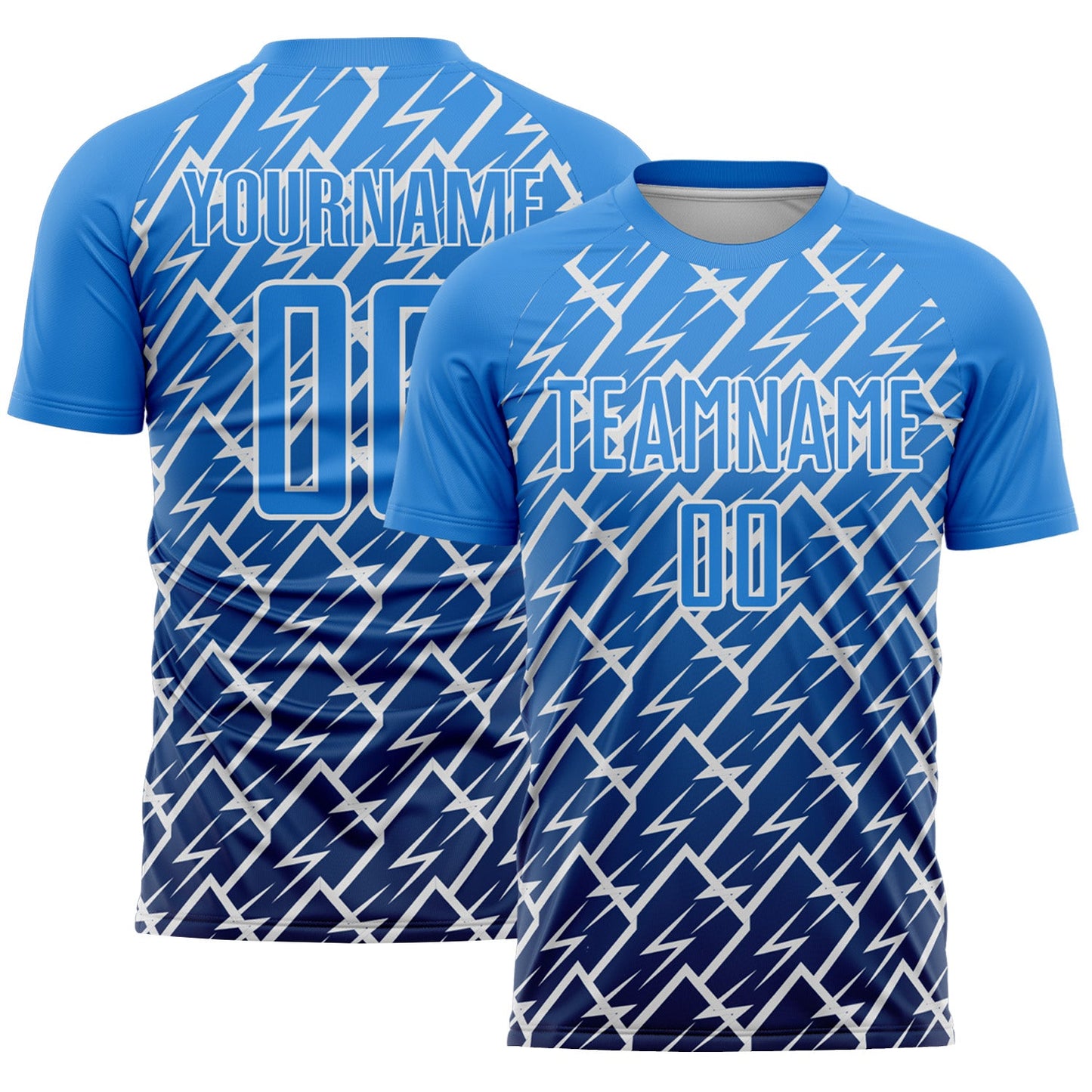 Custom Powder Blue Navy-White Lightning Sports Sublimation Soccer Uniform Jersey - Main View