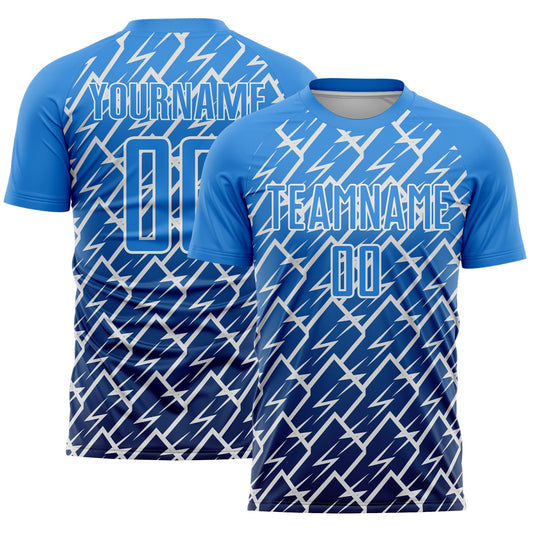 Custom Powder Blue Navy-White Lightning Sports Sublimation Soccer Uniform Jersey - Main View
