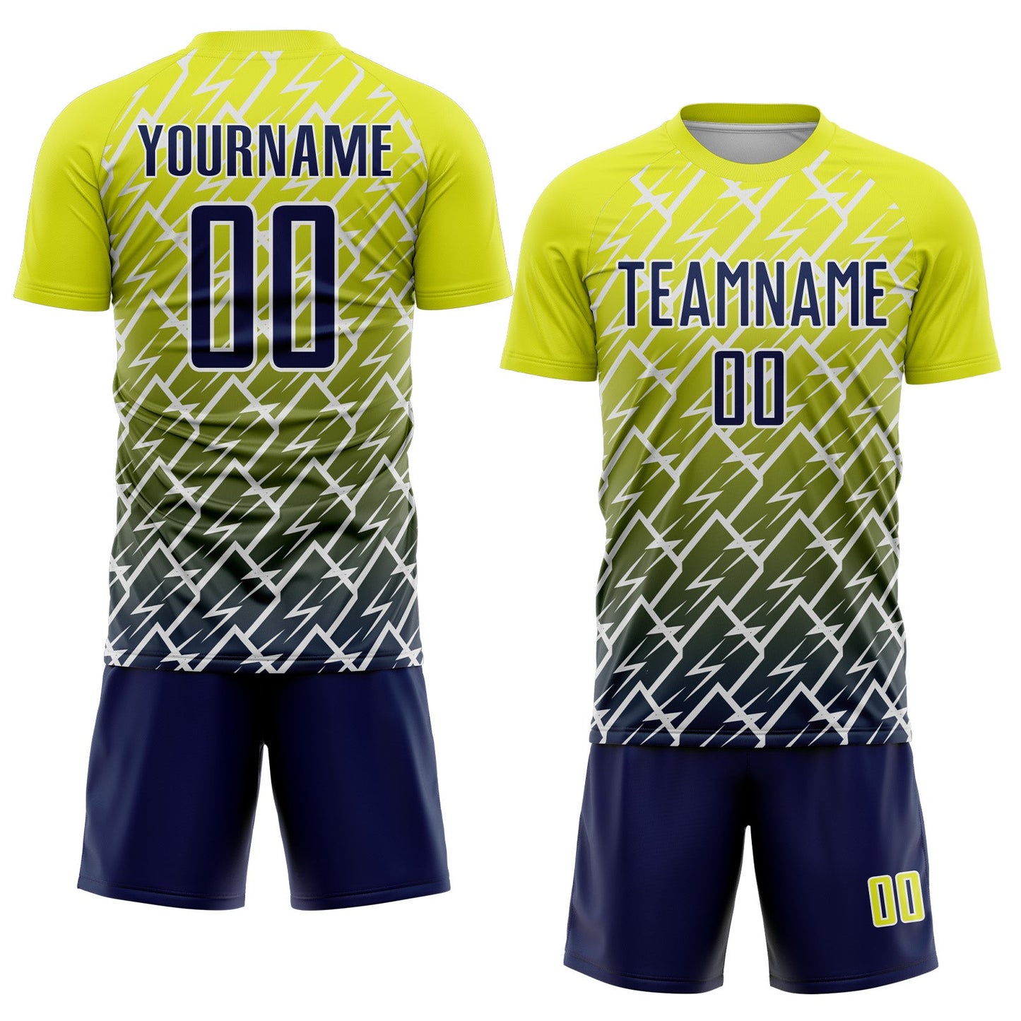 Custom Neon Yellow Navy-White Lightning Sports Sublimation Soccer Uniform Jersey view 2