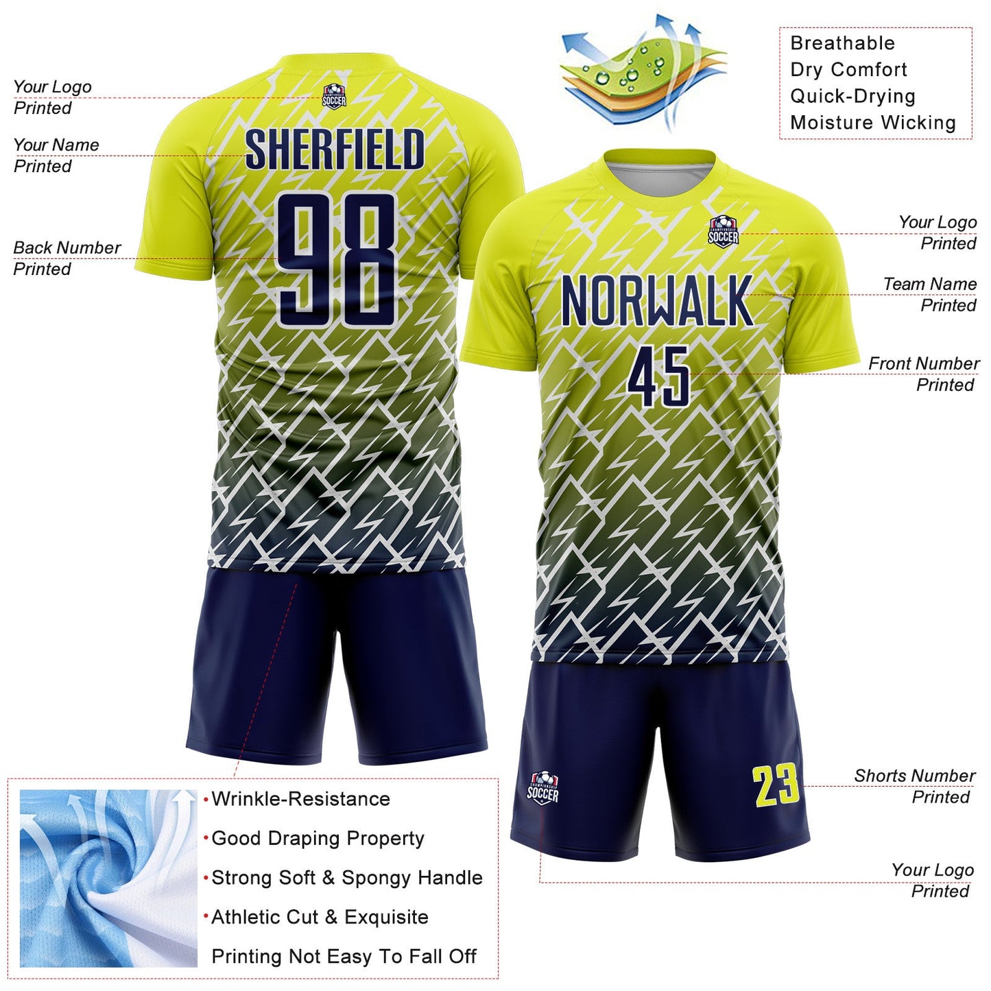 Custom Neon Yellow Navy-White Lightning Sports Sublimation Soccer Uniform Jersey view 4