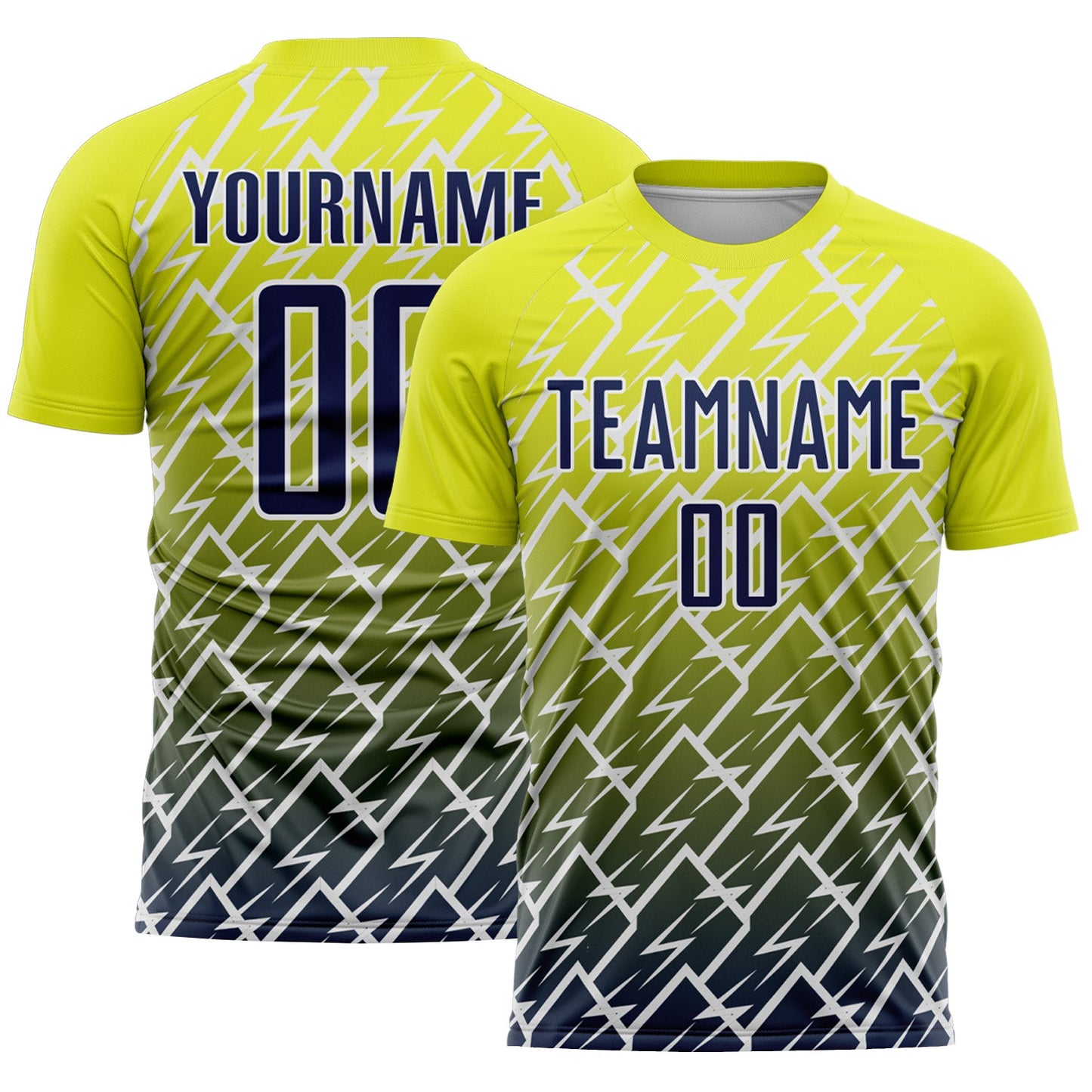Custom Neon Yellow Navy-White Lightning Sports Sublimation Soccer Uniform Jersey - Main View
