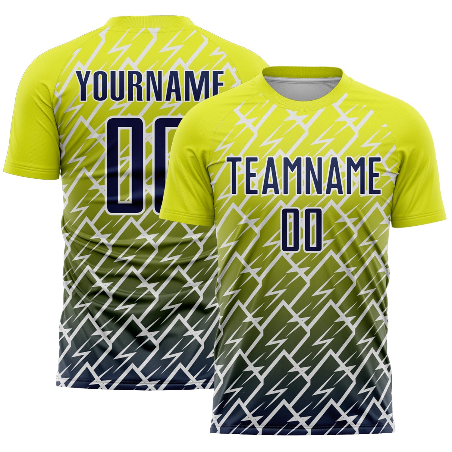 Custom Neon Yellow Navy-White Lightning Sports Sublimation Soccer Uniform Jersey - Main View
