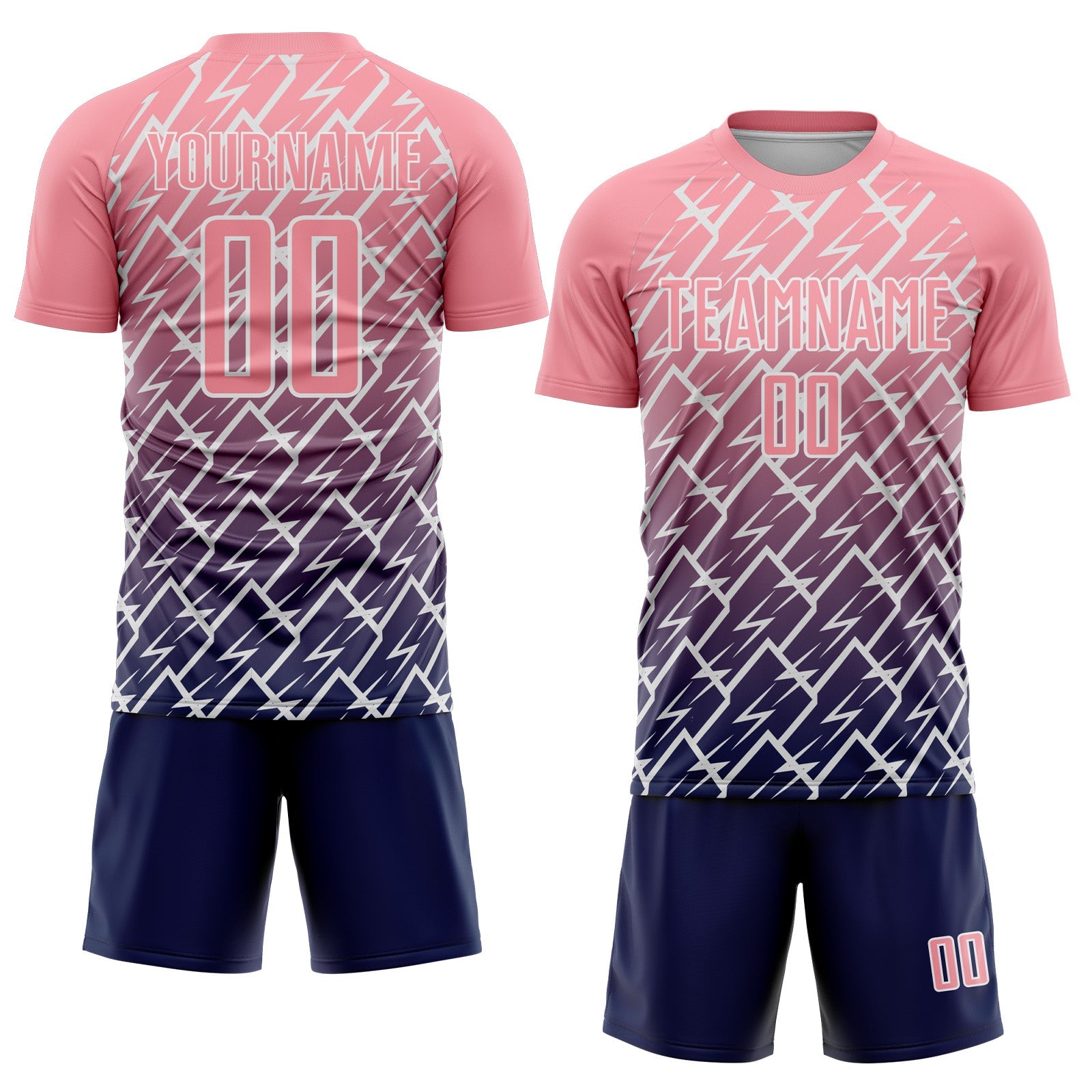 Custom Medium Pink Navy-White Lightning Sports Sublimation Soccer Uniform Jersey view 2