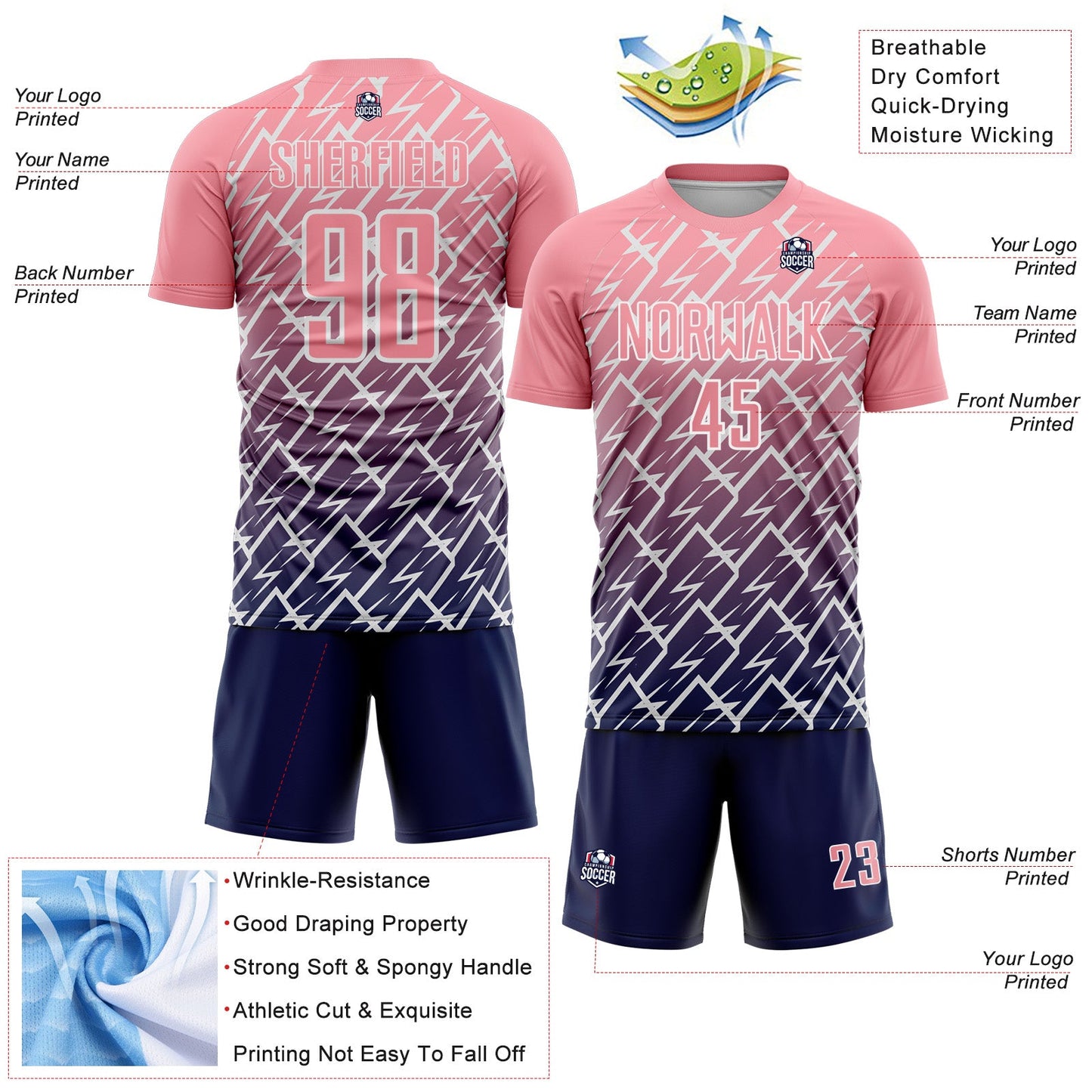 Custom Medium Pink Navy-White Lightning Sports Sublimation Soccer Uniform Jersey view 4