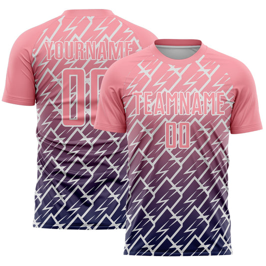 Custom Medium Pink Navy-White Lightning Sports Sublimation Soccer Uniform Jersey - Main View