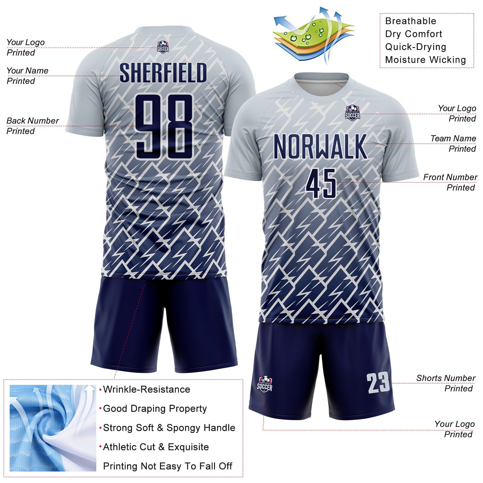 Custom Silver Navy-White Lightning Sports Sublimation Soccer Uniform Jersey view 4